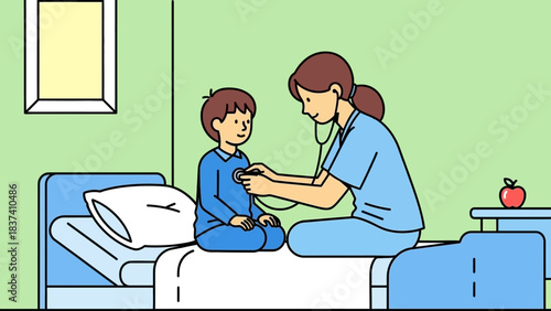 A female doctor uses a stethoscope to examine a young boy sitting on a hospital bed during a medical check-up.