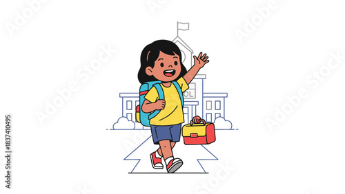 A happy young girl with a backpack waves goodbye in front of a school building.
