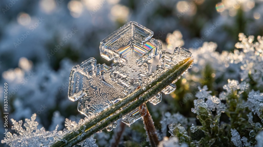 Naklejka premium Extreme macro of a hexagonal snowflake on a pine needle with rainbow light refraction. Perfect for winter themes and nature science projects showing intricate ice details.