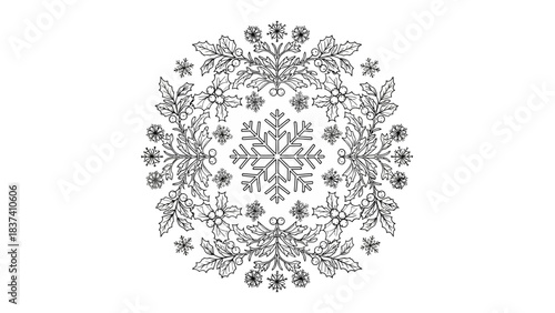 Floral Snowflake Mandala: A delicate floral mandala features a central snowflake and intricate surrounding floral patterns, offering a blend of natural motifs and symmetrical artistry. 