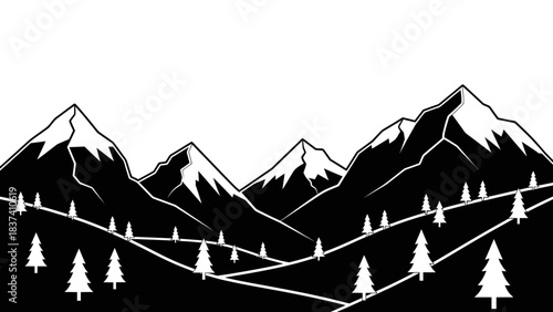 Stylized black and white illustration of a mountain range with snow-capped peaks and pine trees in a natural landscape.