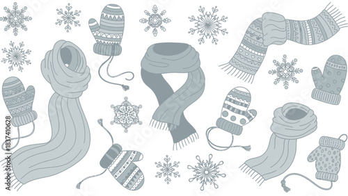 Winter Accessories Ensemble: A delightful collection of cozy winter accessories, including intricately patterned mittens, warm scarves, and delicate snowflakes.