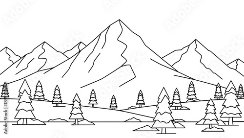 Majestic Mountainscape: A minimalist illustration of towering mountain peaks and lush evergreen trees presents a serene depiction of nature's grandeur.
