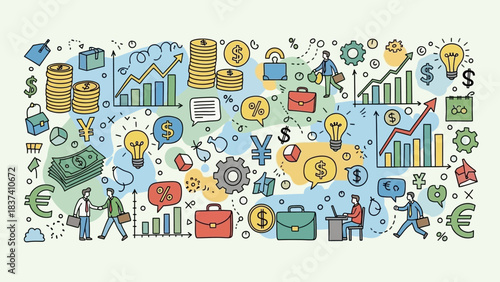 Business and Financial illustration: A colorful illustration portrays the intricacies of business and financial world, symbolizing growth, innovation, and global commerce.