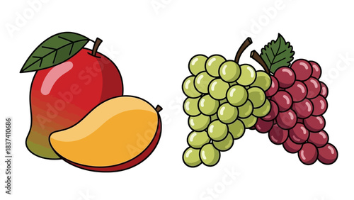 Vibrant illustration of fresh tropical mangoes and sweet grapes, showcasing both whole and cut fruit.