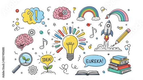 A vibrant collection of hand-drawn icons representing creativity, ideas, and learning, featuring a lightbulb, brain, rocket, books, and plants.