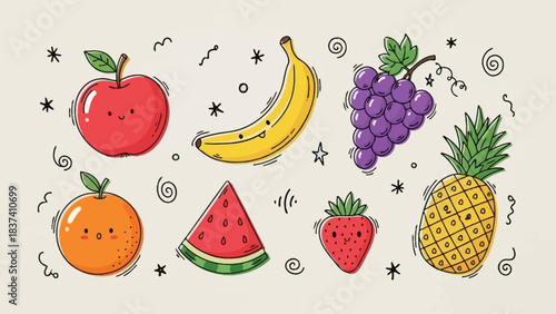 A vibrant collection of cute cartoon fruits including an apple, banana, grapes, orange, watermelon, strawberry, and pineapple with decorative elements.