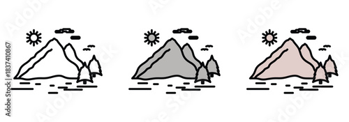 Stunning collection of minimalist mountain landscape icons showing outline, gray fill, and soft color variations perfect for design