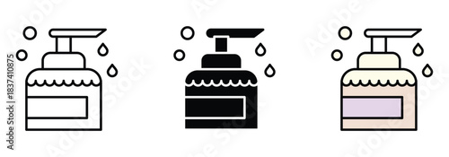 Essential hygiene icon set featuring liquid soap dispenser in line solid and color styles for cleanliness branding