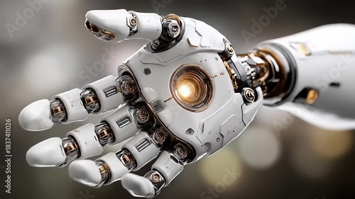Close up of a futuristic robotic hand with glowing light in palm.