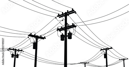 Multiple Utility Poles and Transformers Silhouette - Electrical Power Distribution Grid Vector