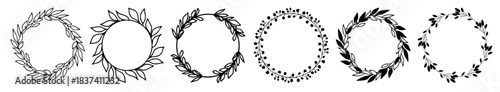 Round botanical vector wreaths, simple leaf-and-flower silhouette borders designed for monograms, home decor, wedding accents, posters and cards