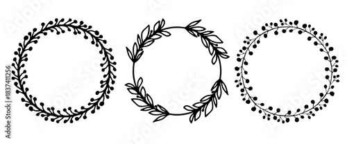Round botanical vector wreaths, simple leaf-and-flower silhouette borders designed for monograms, home decor, wedding accents, posters and cards