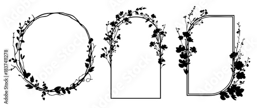 Vector floral frames and wreaths of varied shapes, geometric outlines combined with small wild flowers, a simple decorative design for cards, posters and monograms