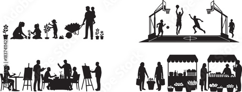 Community Activities Quad Silhouettes - Gardening, Basketball, Art Class, and Farmers Market Vector Set