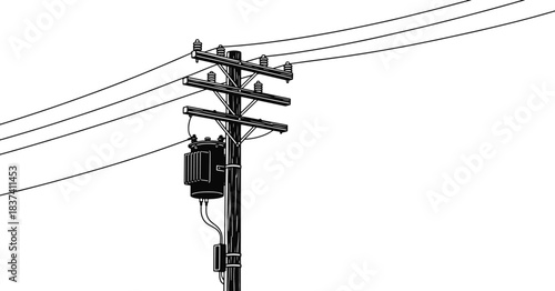 Single Utility Pole and Transformer Line Art - Electrical Power Distribution Vector Illustration
