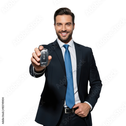 Smiling businessman in a dark suit and blue tie holding a car key towards the viewer isolated on transparent background
