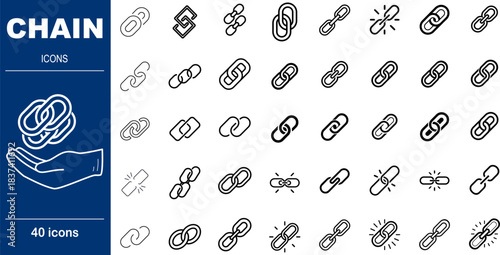 40 Line Style Chain Icons Connection, Linking and Security Bond Symbols
