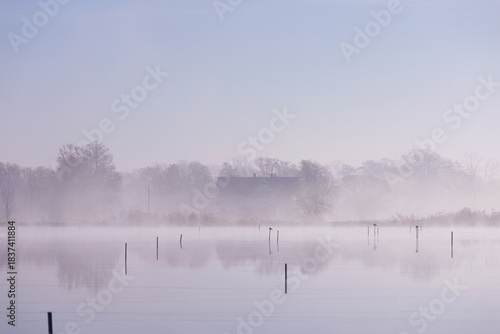 Misty Morning on the Lake with Distant Trees, Poland, natural wallpaper or background