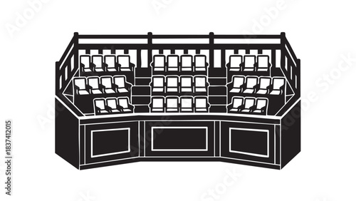 A black and white illustration of a futuristic sports arena with multiple tiers and empty seats from a high viewpoint.