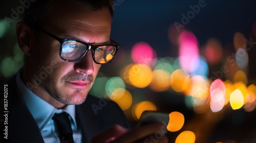 A man in a suit stands outdoors at night. He looks at his smartphone while city lights create a colorful bokeh effect behind him. The scene shows a busy urban environment.