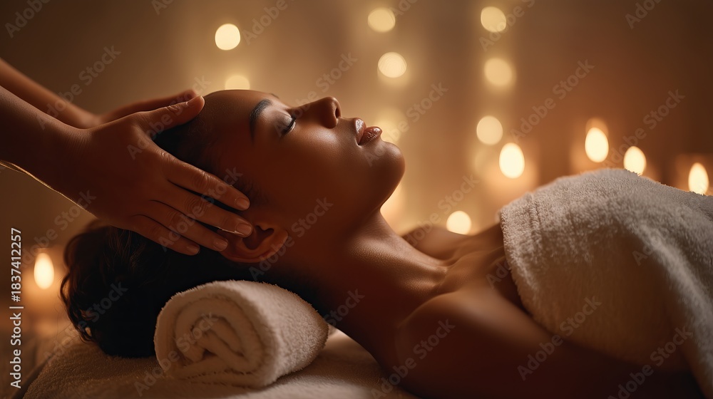 Obraz premium Head massage session at a wellness center with soft lighting and calming atmosphere during the evening