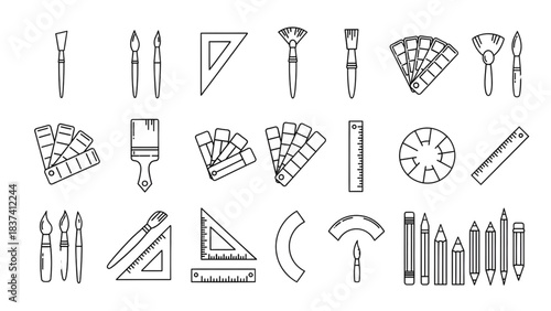 Stunning collection of minimalist line art design tools featuring paintbrushes rulers color swatches and drawing implements for creative projects
