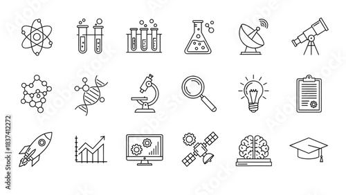 Stunning collection of clean line icons representing essential science research technology education and innovation concepts