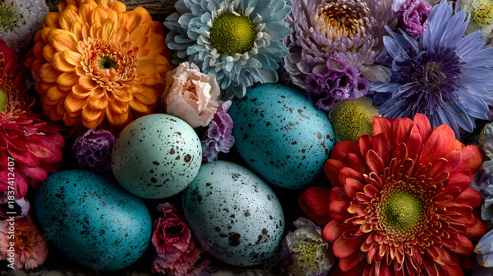 Obraz premium Colorful spring scene with blue eggs surrounded by vibrant flowers