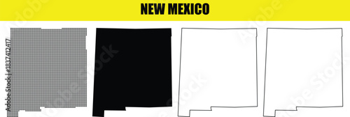 New Mexico state map collection showcasing different styles for geographic representation and educational content on a white background