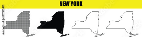 Diverse graphic representations of the United States New York state map including a dotted and silhouette version for design projects