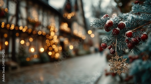 Fototapeta Naklejka Na Ścianę i Meble -  Winter holiday scene with decorations, lights, and nature in a small town during evening time