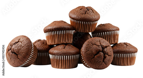 Chocolate muffin muffins on transparent background cutout, PNG file, Chocolate cupcake topped with creamy frosting and a light dusting of cocoa isolated on white transparent