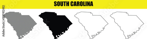 South Carolina map collection showing various geographic styles from dotted to solid fills and outlines perfect for design projects