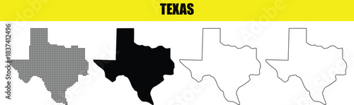 Diverse Texas state map outlines and solid shapes illustrate geographical borders for education and design projects