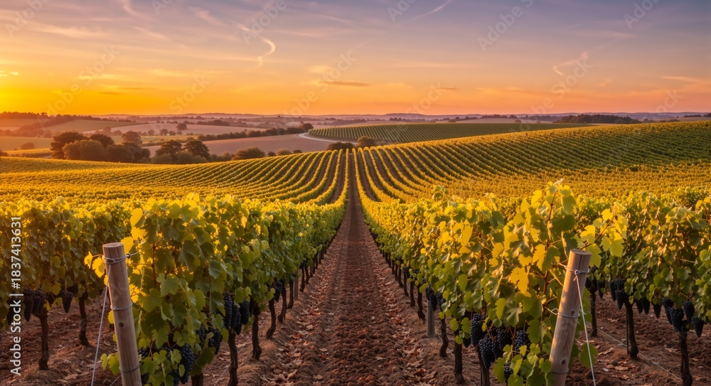 Fototapeta premium Vineyard landscape with rows of green grapevines at sunset. Scenic view of rolling hills and agricultural fields in the countryside. Wine production concept