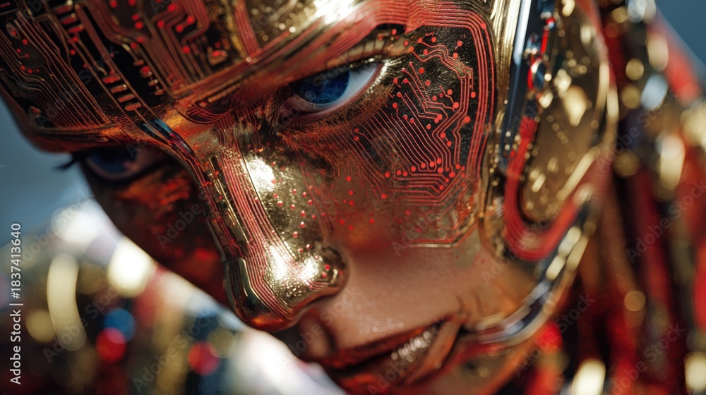 Obraz premium A robot with shiny metallic skin and blue eyes focuses on its features. The intricate circuitry reflects light in various colors showcasing advanced technology in a futuristic style.