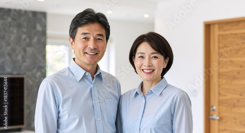 Happy middle aged Asian couple standing in a modern home interior. Portrait of a smiling Japanese husband and wife wearing matching blue shirts. Lifestyle concept
