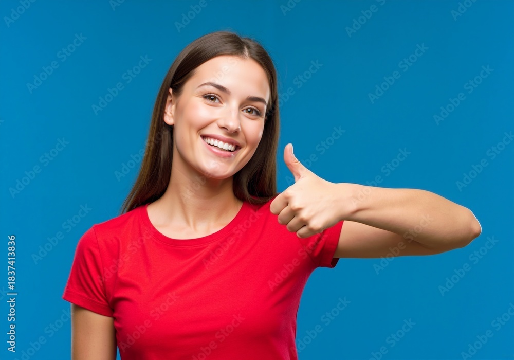 Fototapeta premium Happy young woman showing thumbs up gesture. Smiling girl in red t-shirt giving a like sign on a blue background. Positive feedback and approval concept with copy space