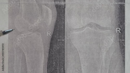 Doctor learn X-ray with narrowed joint space, compacted tibial endplate, exacerbation of intercondylar elevation of the tibia. Osteoarthritis of the knee joint.