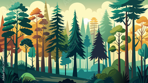 Very beautiful assortment of tree silhouettes featuring varied conifer and deciduous forms, creating a striking minimalist forest design. Perfect for nature concepts, landscape art, and elegant enviro