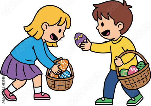 Cartoon children Easter egg hunt, festive spring activity, colorful baskets, decorated eggs, joyful sharing moment, flat vector illustration