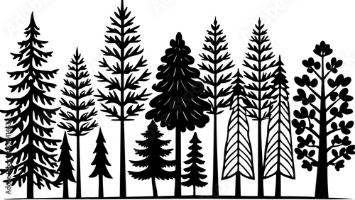 Very beautiful assortment of tree silhouettes featuring varied conifer and deciduous forms, creating a striking minimalist forest design. Perfect for nature concepts, landscape art, and elegant enviro