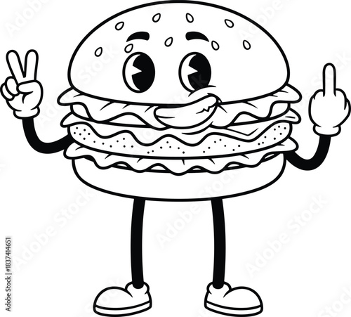 Cartoon hamburger character with peace and rude gesture, funny fast food mascot, layered burger icon, bold attitude, flat vector illustration