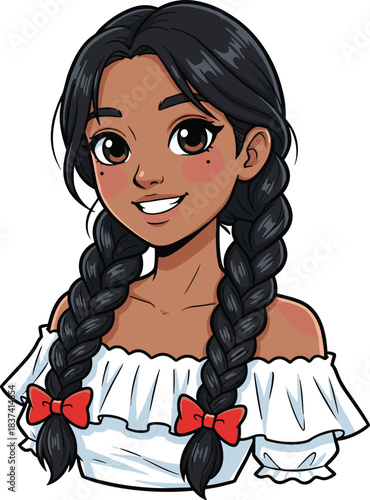 Cartoon girl with braided hair, red bows, white ruffled top, cheerful expression, beauty marks, flat vector illustration