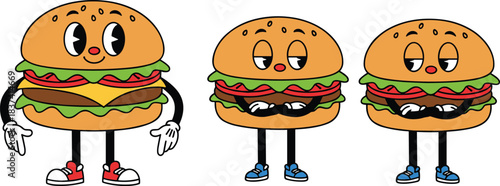 Cartoon hamburger characters with expressive faces, smiling and smirking emotions, gloved hands, sneakers, playful food mascots, flat vector illustration