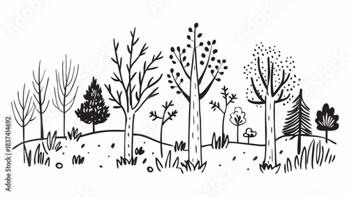 Very beautiful assortment of tree silhouettes featuring varied conifer and deciduous forms, creating a striking minimalist forest design. Perfect for nature concepts, landscape art, and elegant enviro