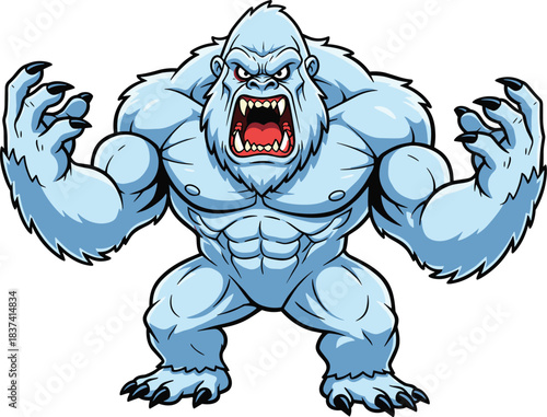 Cartoon yeti character roaring with claws raised, muscular snow monster, aggressive pose, horror mascot, flat vector illustration