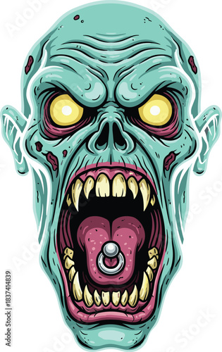 Cartoon zombie face with glowing eyes, sharp teeth, tongue piercing, aggressive expression, horror monster design, flat vector illustration