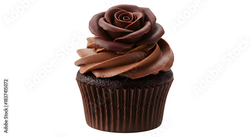 Sweet cookies and Cream cupcake isolated on white background, A single chocolate cupcake with white frosting and Oreo cookies on top.